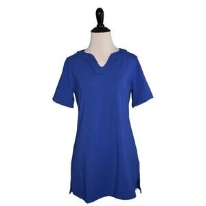 DENIM & CO. NEW $40 Perfect‎ Jersey U-Neck Tunic w/ Dot Lace Trim Lapis Blue XXS
